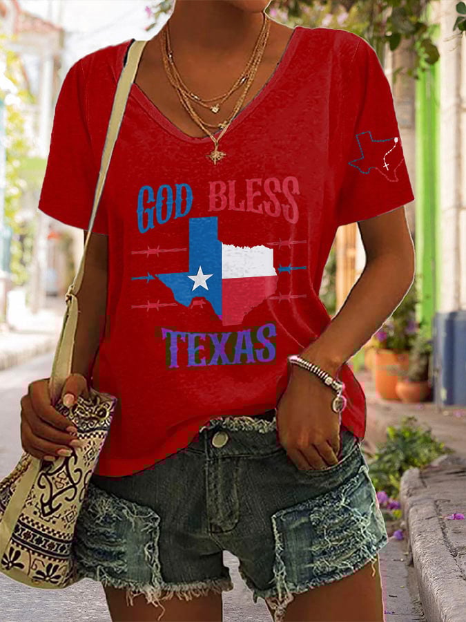 🙏💔Join us in praying for Texas.🙏V-Neck Retro Texas Strong God Bless Texas Print T-Shirt