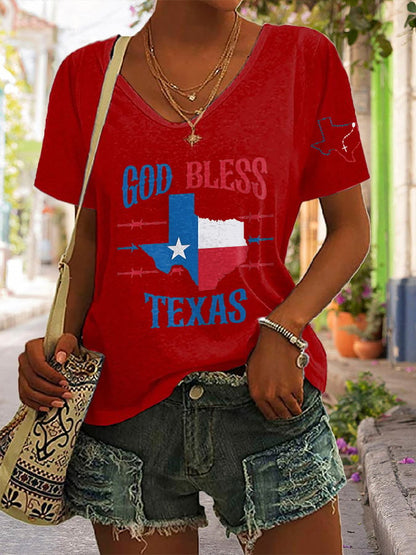 🙏💔Join us in praying for Texas.🙏V-Neck Retro Texas Strong God Bless Texas Print T-Shirt