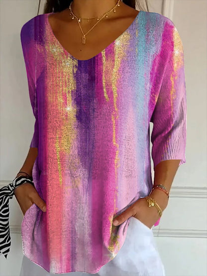 Women's Casual Retro Purple Art Striped T-Shirt