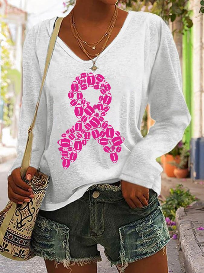 Women's Breast Cancer Ribbon Football  Casual Long-Sleeve T-Shirt