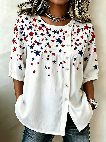 Women's Cotton Linen Floral Floral 250th Anniversary Digital Print Top
