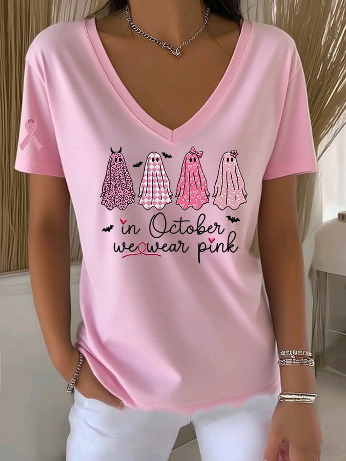 Women's Casual All-Match Solid Color Pink Ghost Ribbon V-Neck T-Shirt
