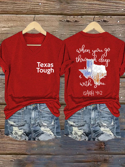 🙏💔Join us in praying for Texas.🙏V-Neck Retro Texas Tough When You Go Through Deep Waters, I Will Be With You. Isaiah 43:2 Print T-Shirt