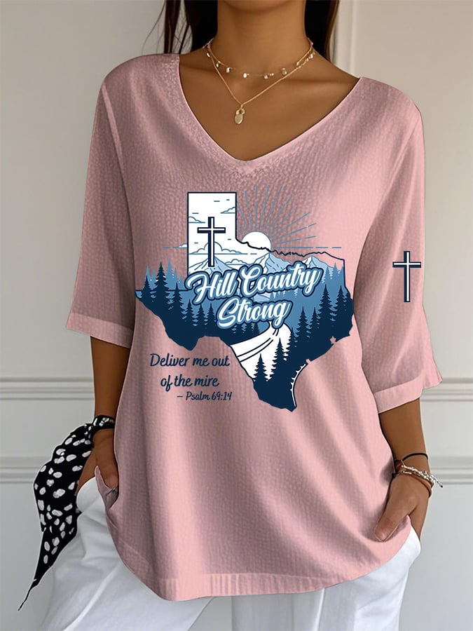 🙏💔Join us in praying for Texas.🙏V-Neck Hill Country Strong Deliver Me Out Of The Mire Print T-Shirt