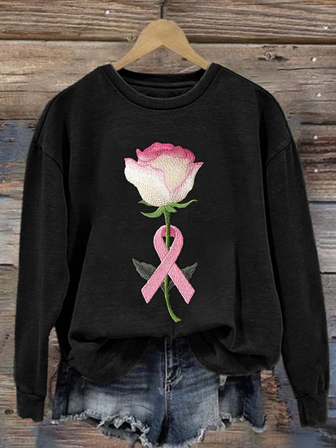 Women's pink embroidered floral print crew neck sweatshirt