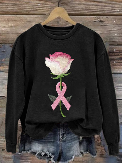 Women's pink embroidered floral print crew neck sweatshirt
