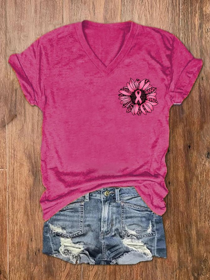 Women's Sunflower Pink Ribbon Flag Breast Cancer Awareness Print V-Neck T-Shirt