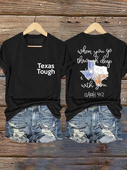 🙏💔Join us in praying for Texas.🙏V-Neck Retro Texas Tough When You Go Through Deep Waters, I Will Be With You. Isaiah 43:2 Print T-Shirt