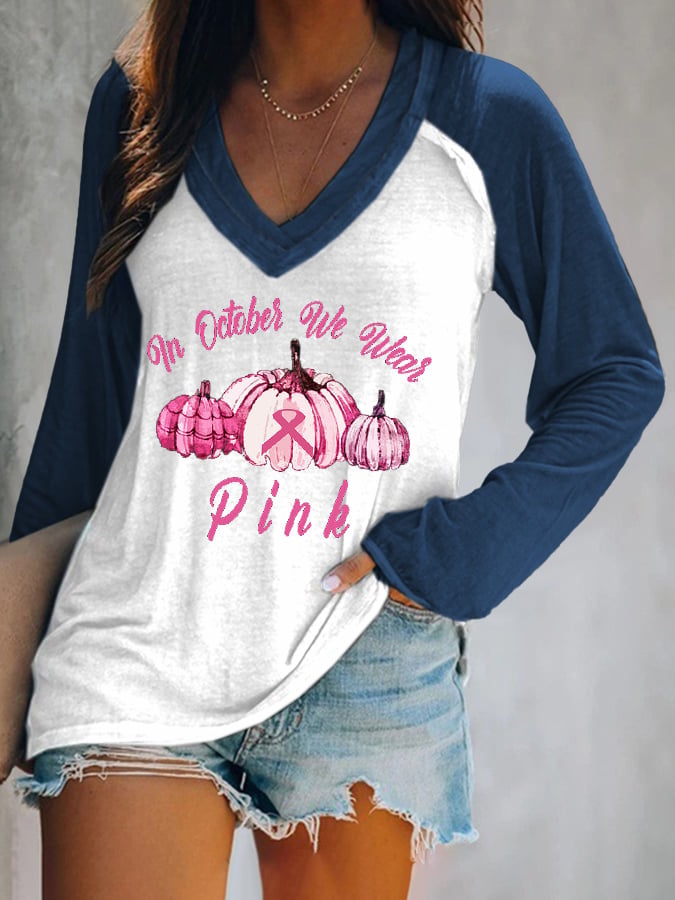 In October We Wear pink Print V-Neck Casual T-Shirt