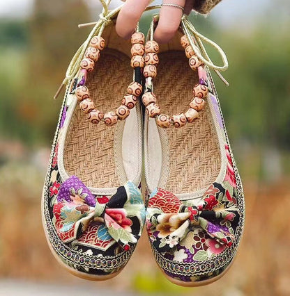 👍Last Day Promotion 70% OFF –2023 🌹Women's Floral Print Flat Shoes, Ethnic Style Ankle Strap Slip On Shoes, Casual Walking Shoes