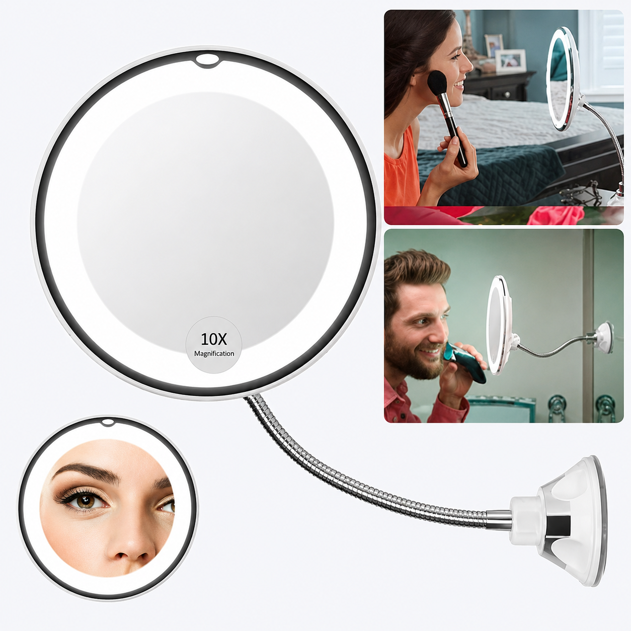 LED Light Up Mirror 10X Magnifying Shaving Makeup Mirrors Locking Suction Cup