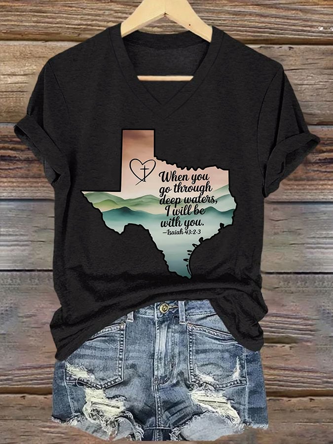 🙏💔Join us in praying for Texas.🙏V-Neck Retro Texas Strong When You Go Through Deep Waters, I Will Be With You. Isaiah 43:2 Print T-Shirt