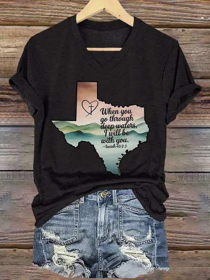🙏💔Join us in praying for Texas.🙏V-Neck Retro Texas Strong When You Go Through Deep Waters, I Will Be With You. Isaiah 43:2 Print T-Shirt