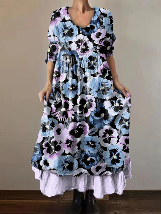Women's Vintage Purple Floral Art Print Button Dress