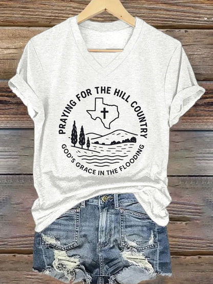 🙏💔Join us in praying for Texas.🙏V-Neck Retro Texas Strong Praying For The Hill Country God’s Grace In The Flooding Print T-Shirt