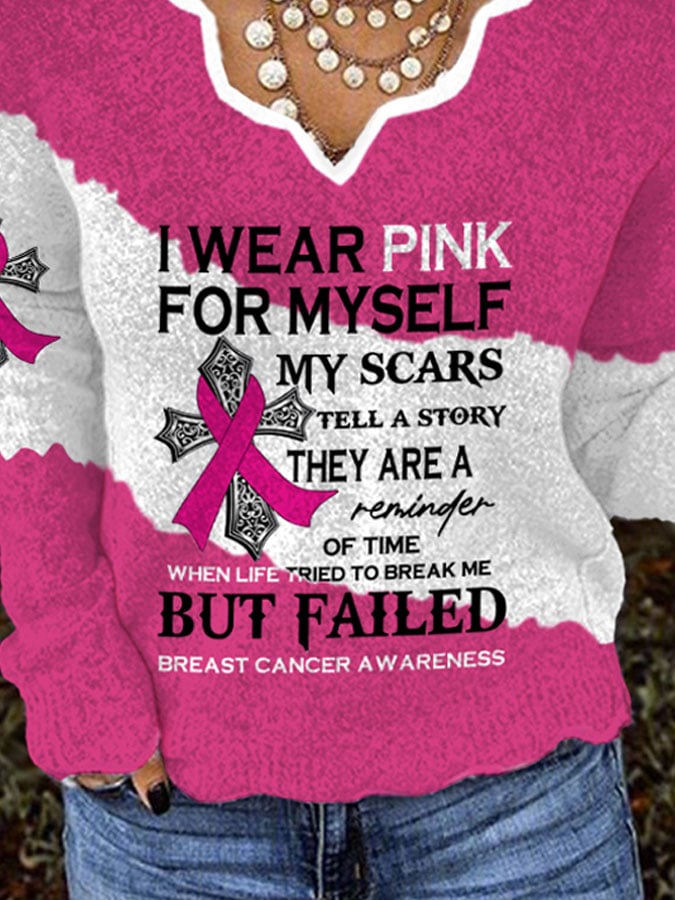 V-neck Faith Breast Cancer Awareness I Wear Pink For Myself Print Knit Tops
