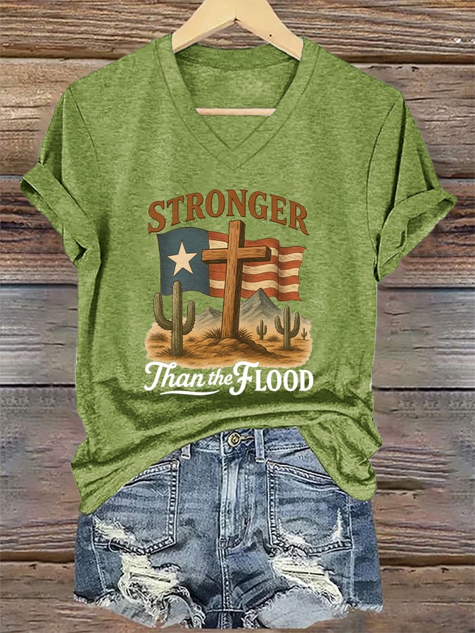 🙏💔Join us in praying for Texas.🙏V-Neck Retro Texas Strong Stronger Than The Flood Faith Cross Print T-Shirt