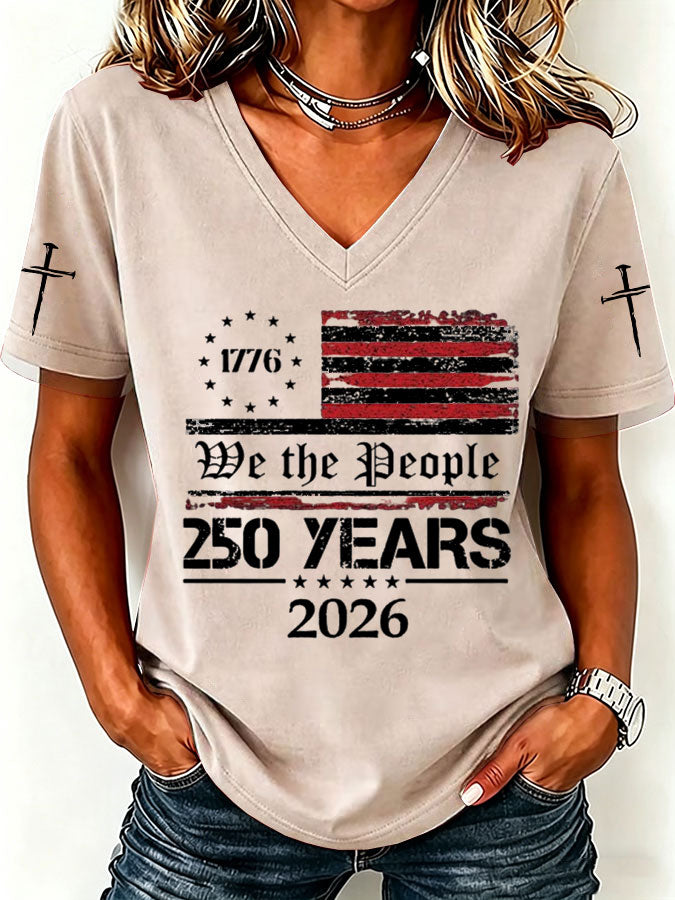 Women'S America Flag Print Casual V-Neck T-Shirt
