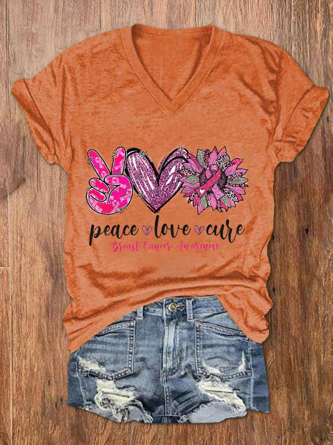 Women's Peace Love Cure Pink Sunflower Breast Cancer  V-Neck Tee