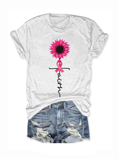 Women's Faith Hope Love Breast Cancer Awareness Sunflower Pink Ribbon T-Shirt