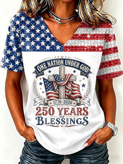 Women'S America Flag Print Casual V-Neck T-Shirt