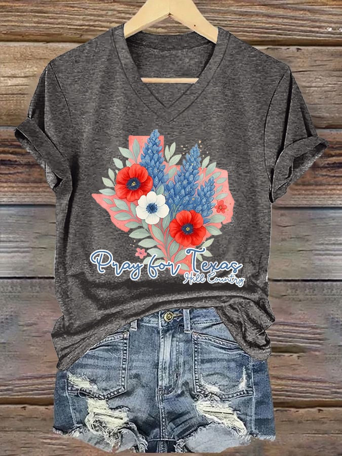 🙏💔Join us in praying for Texas.🙏V-Neck Retro Texas Strong Pray For Texas Hill Country Print T-Shirt