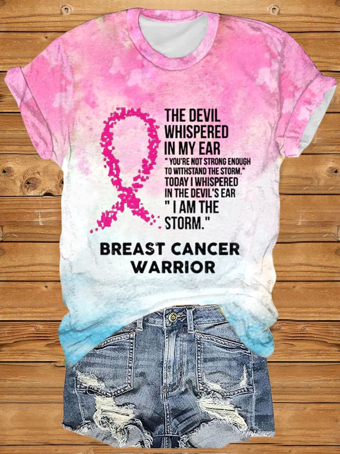 Women's The Devil- Breast Cancer Awareness Support Ribbon Print Casual T-Shirt