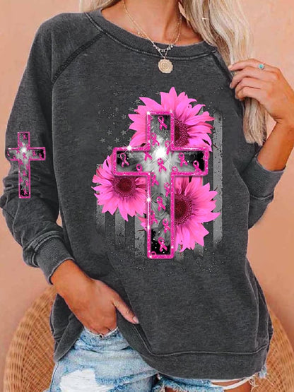 Breast Cancer Print Long Sleeve Sweatshirt