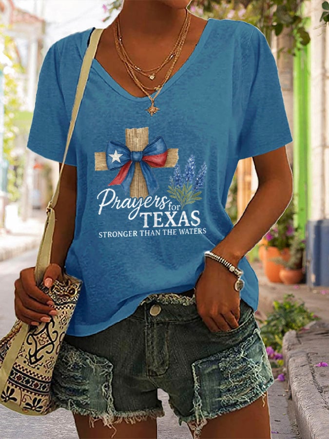 🙏💔Join us in praying for Texas.🙏V-Neck Retro Texas Strong Prayers For Texas Stronger Than The Waters Faith Cross Print T-Shirt