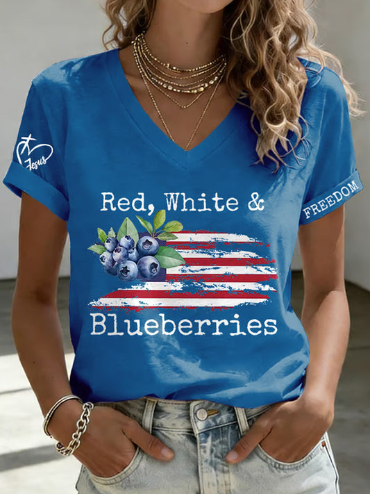 V-Neck Retro Independence Day Red, White & Blueberries Freedom Jesus Print T-Shirt