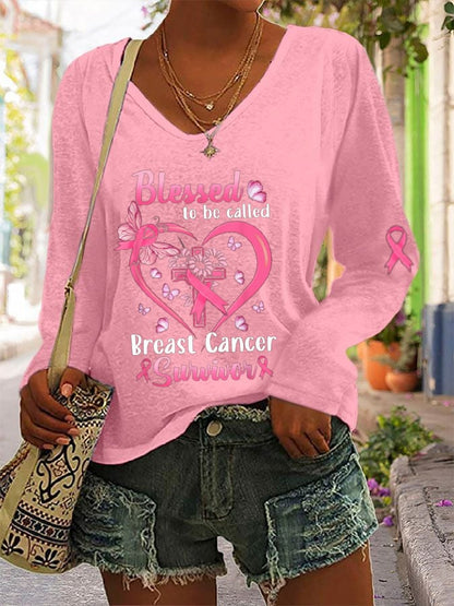 Blessed To Be Called Breast Cancer Survivor Printed Long Sleeve T-Shirt