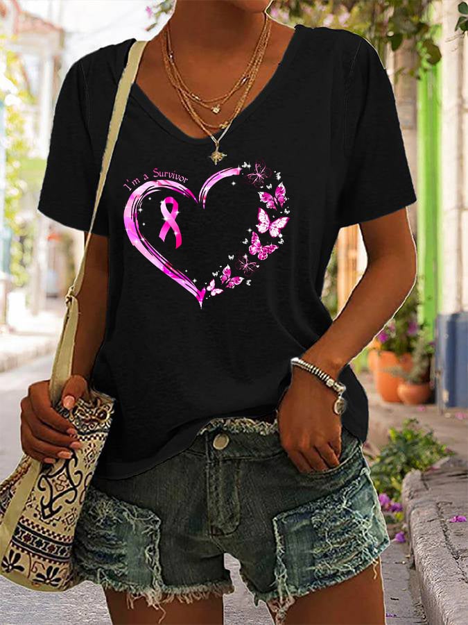 Women's Breast Cancer Awareness Survivor Printed V-Neck Tee