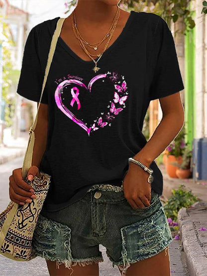 Women's Breast Cancer Awareness Survivor Printed V-Neck Tee
