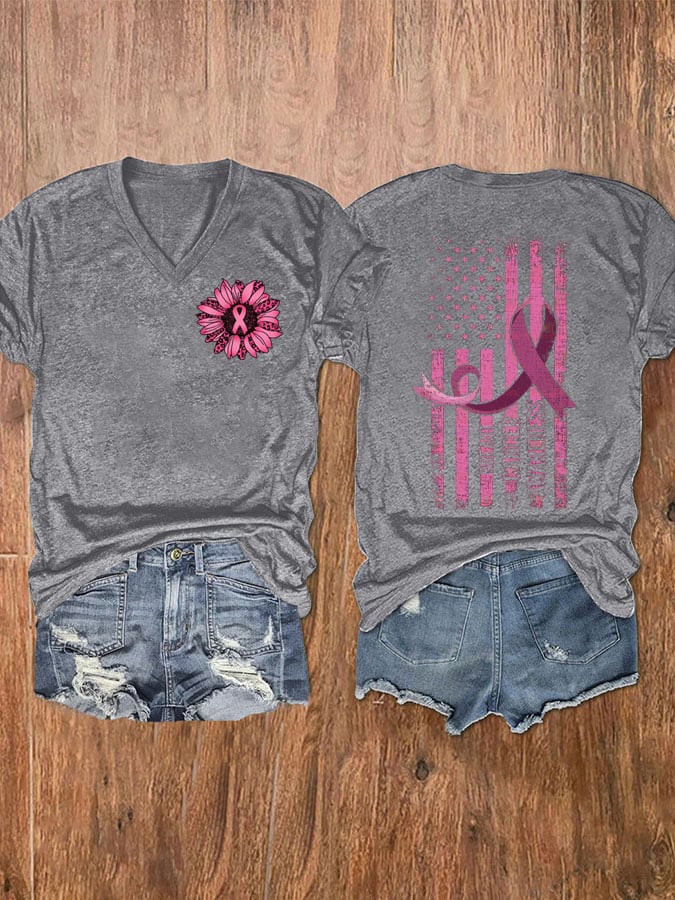 Women's Sunflower Pink Ribbon Flag Breast Cancer Awareness Print V-Neck T-Shirt