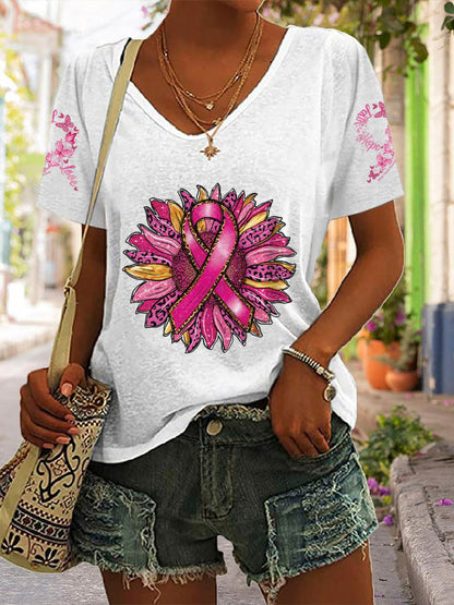 Women's Sunflower Pink Breast Cancer Awareness Support Women Warrior Essential Print Short Sleeve T-Shirt