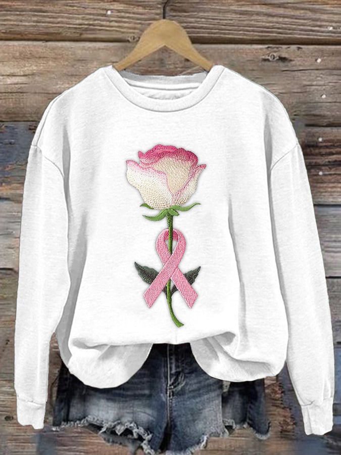 Women's pink embroidered floral print crew neck sweatshirt