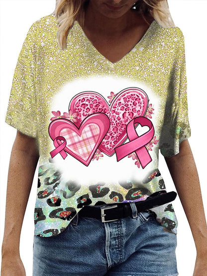 Women's Breast Cancer Casual V-Neck Short Sleeve T-Shirt