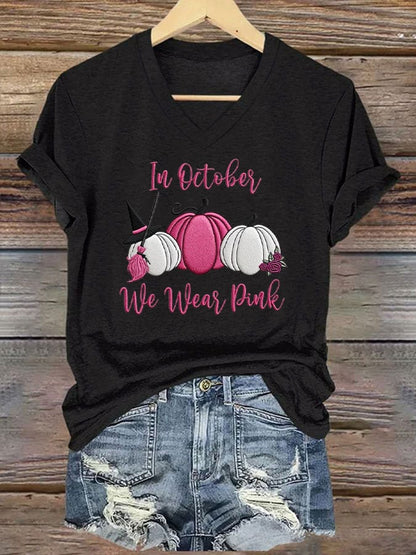 Women's Breast Cancer Awareness In October We Wear Pink Print Casual T-Shirt