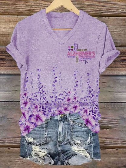 Women's Alzheimer's Disease Awareness Floral Print V-Neck T-Shirt