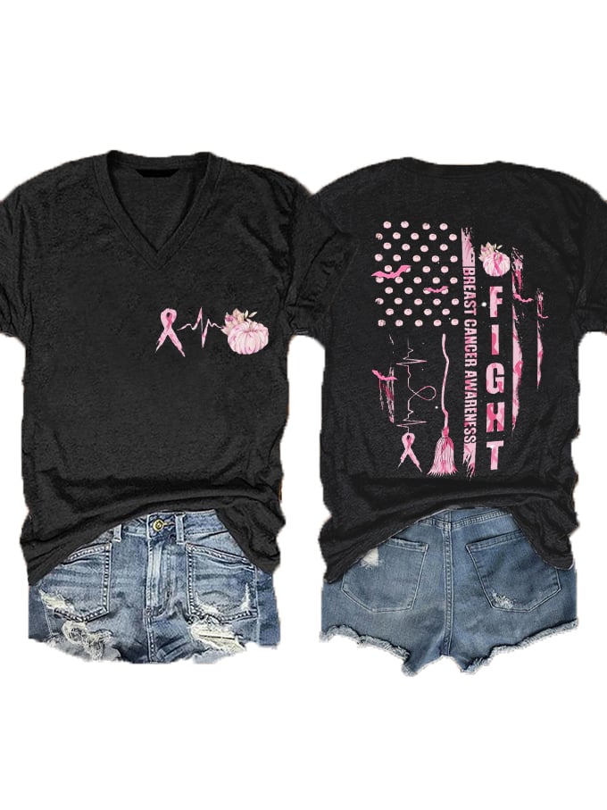 Women's Pumpkin Fight Breast Cancer Halloween Print V-Neck T-Shirt