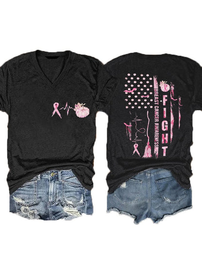 Women's Pumpkin Fight Breast Cancer Halloween Print V-Neck T-Shirt