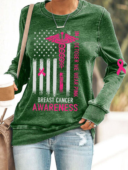 Women's In October We Wear Pink Breast Cancer Awareness Print Casual Crew Neck Sweatshirt
