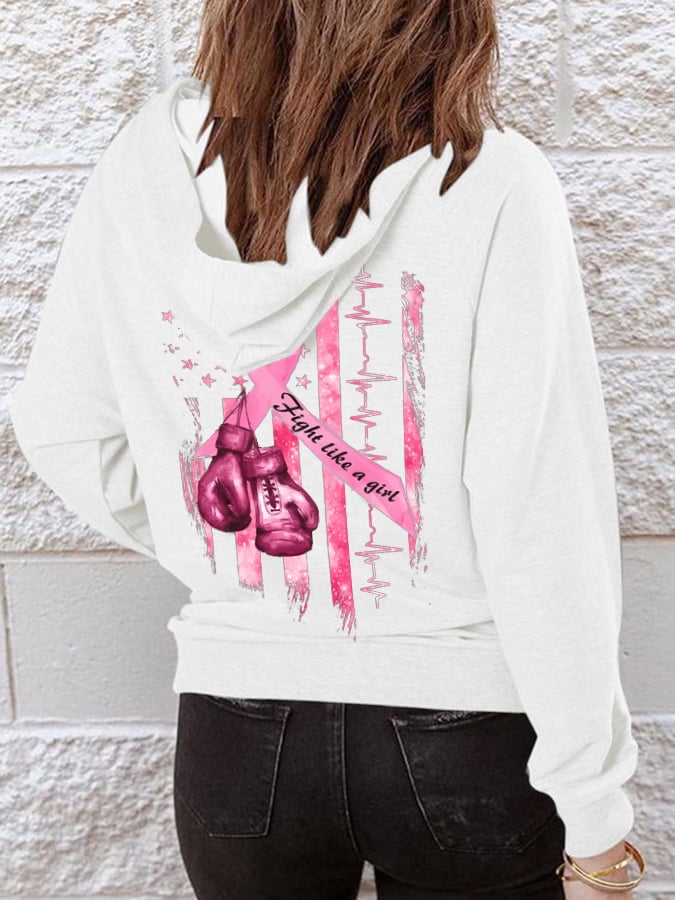Women'S Breast Cancer Awareness Casual Printed Hooded Sweatshirt
