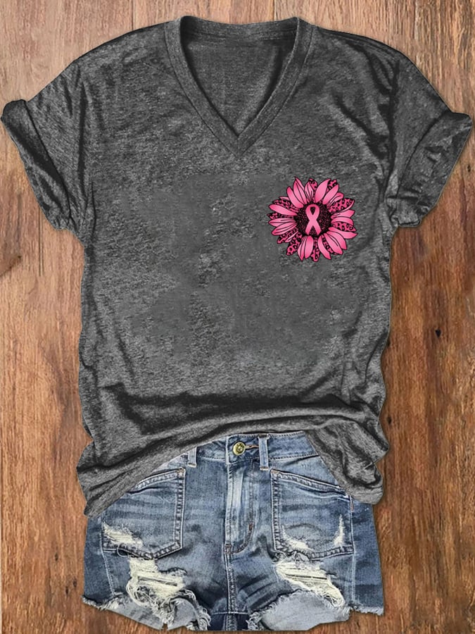 Women's Sunflower Pink Ribbon Flag Breast Cancer Awareness Print V-Neck T-Shirt