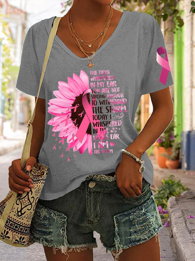 Breast Cancer Fighter Sunflower Inspirational Quote Print Short Sleeve T-Shirt