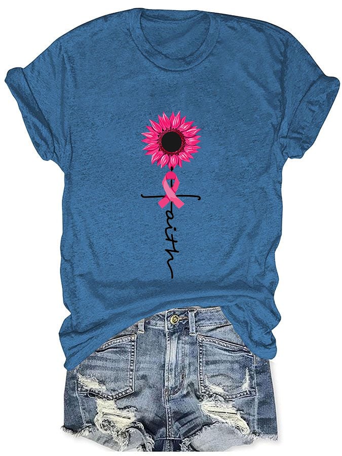 Women's Faith Hope Love Breast Cancer Awareness Sunflower Pink Ribbon T-Shirt