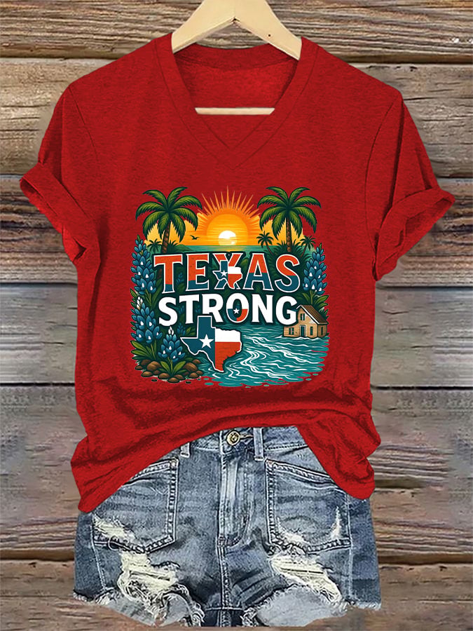🙏💔Join us in praying for Texas.🙏V-Neck Retro Texas Strong Palm Trees Print T-Shirt