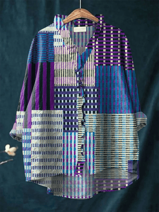 Women's Alzheimer's Plaid Print Pleated Design V-Neck Shirt