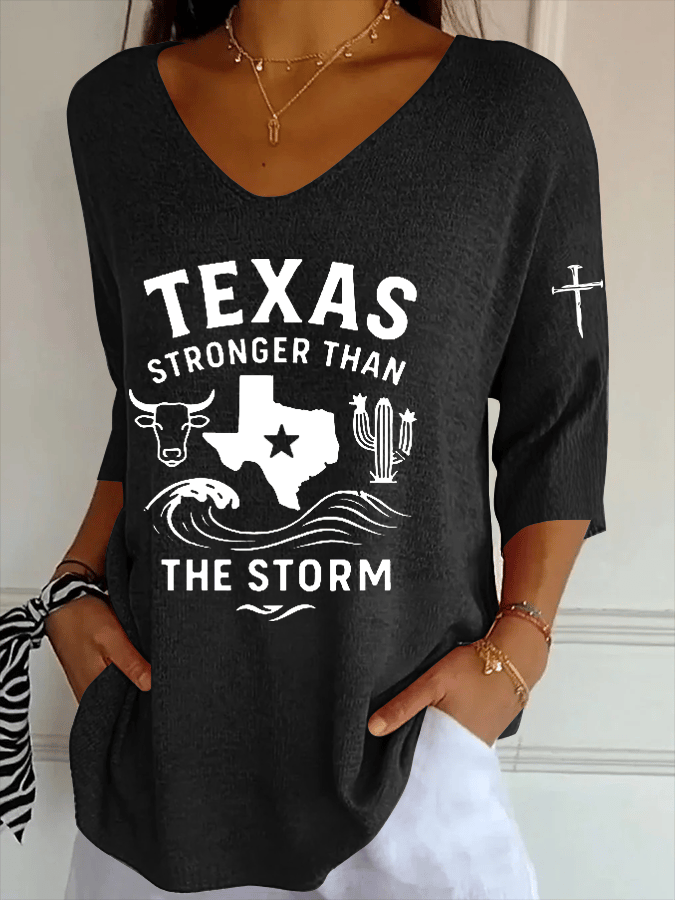 🙏💔Join us in praying for Texas.🙏Women's Texas Strong Than The Storm Striped Fabric Casual V Neck T-Shirt