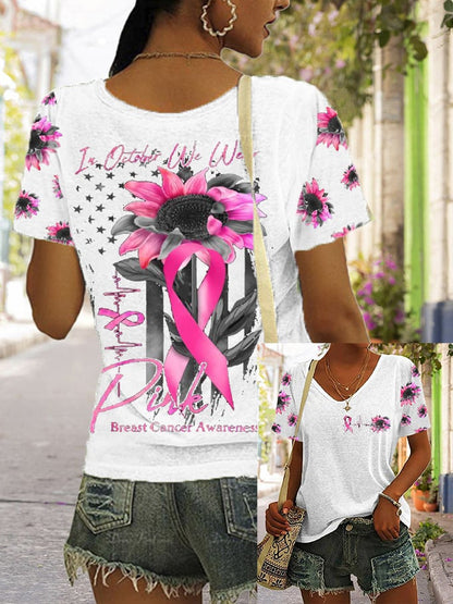Women's In October We Wear Pink Breast Cancer Awareness Print V-Neck T-Shirt